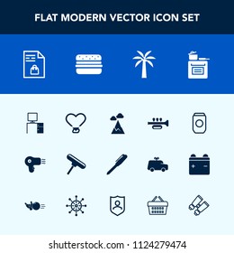 Modern, simple vector icon set with shop, shopping, store, music, supermarket, aluminum, hairdryer, work, paint, spy, hamburger, dryer, metal, mountain, glasses, trumpet, sound, kitchen, , sky icons