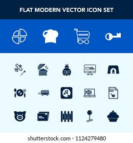 Modern, simple vector icon set with home, hat, chef, shop, web, fly, music, bus, buy, sound, doughnut, plate, butterfly, knife, cart, flight, coffee, food, website, plane, note, fire, road, lady icons