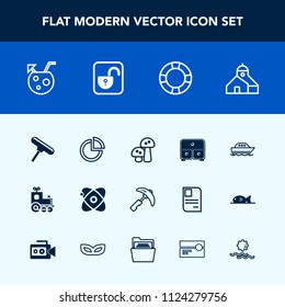 Modern, simple vector icon set with drawer, water, train, juice, yacht, chart, roller, boat, star, mushroom, travel, summer, drink, unlock, construction, astronomy, ocean, nature, white, pie icons
