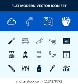 Modern, simple vector icon set with communication, bed, phone, mobile, vintage, cooking, cell, road, graph, bar, retro, chat, shovel, touchscreen, finance, concept, double, pan, bedroom, people icons
