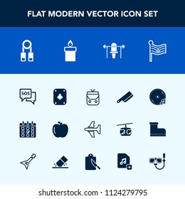 Modern, simple vector icon set with leather, poker, flag, kitchen, schedule, calendar, person, day, apple, style, timetable, plane, knife, fresh, play, sport, game, nation, travel, time, candle icons