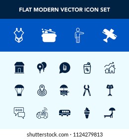 Modern, simple vector icon set with celebration, people, sale, vehicle, summer, house, shop, aircraft, fashion, home, plane, communication, travel, point, juice, flight, glass, white, airplane icons
