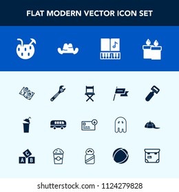 Modern, simple vector icon set with cocktail, flame, speed, transportation, money, potato, travel, headwear, bag, wind, peeler, map, business, glass, country, pin, wrench, nation, note, music icons