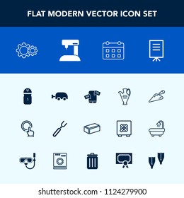 Modern, simple vector icon set with sewing, presentation, click, seasoning, carriage, fork, communication, timetable, schedule, chat, brick, construction, knife, baby, phone, calendar, pepper icons