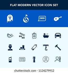 Modern, simple vector icon set with vehicle, nature, musical, clinic, trumpet, medicine, fish, trash, dentist, chat, kid, garbage, bag, speech, can, bath, travel, globe, baby, fiction, japan icons