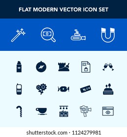Modern, simple vector icon set with tower, blossom, shopping, alcohol, candy, floral, wand, perfume, wine, compass, magic, boat, communication, notebook, wizard, pole, stationary, ocean, market icons