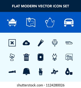 Modern, simple vector icon set with nature, web, microphone, leaf, waste, pin, drink, tea, restaurant, tropical, voice, location, sake, kitchen, karaoke, recycle, construction, map, cloud, train icons
