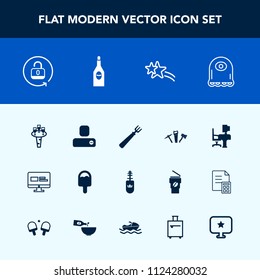 Modern, simple vector icon set with fashion, icecream, food, work, falling, contact, mascara, sign, travel, social, desk, web, computer, red, lock, fork, alcohol, human, cartoon, monster, open icons