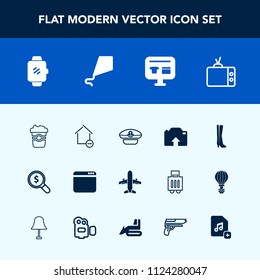 Modern, simple vector icon set with joy, kite, browser, ecommerce, home, travel, watch, web, screen, airplane, fun, cup, sailor, drink, sky, coffee, video, search, technology, navy, house, find icons