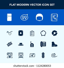 Modern, simple vector icon set with chief, texas, uniform, play, helmet, check, trumpet, refrigerator, book, musical, child, list, checklist, doughnut, mark, bugle, game, household, chef, shape icons