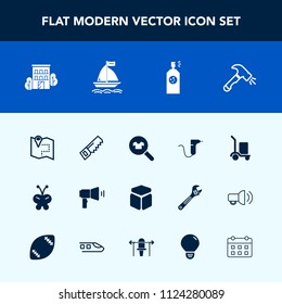 Modern, simple vector icon set with package, saw, female, cargo, shovel, pin, house, hammer, insect, travel, square, spray, time, communication, drill, estate, dentistry, clothing, fashion, map icons