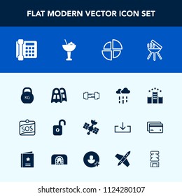 Modern, simple vector icon set with bed, kilogram, fitness, chart, security, bbq, cocktail, barbecue, space, protection, business, label, workout, satellite, drink, rainy, craft, exercise, water icons