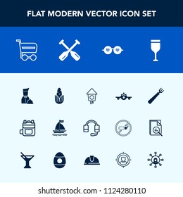 Modern, simple vector icon set with backpack, board, wind, waiter, style, support, departure, modern, home, technology, food, house, sunglasses, vegetable, cart, leather, healthy, travel, fork icons