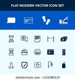 Modern, simple vector icon set with tape, mobile, home, communication, cassette, vehicle, sand, percussion, slipper, house, speaker, footwear, truck, document, printer, sign, hour, audio, music icons