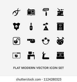Modern, simple vector icon set with office, market, baby, gym, infant, unlock, dentist, book, summer, drill, literature, textbook, medical, dentistry, fitness, tape, protection, cocktail, clinic icons