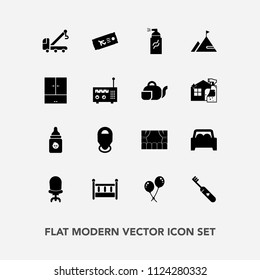 Modern, simple vector icon set with bottle, abstract, map, paint, child, celebration, comfortable, graffiti, vehicle, tow, health, plane, decoration, food, grunge, street, interior, element, bed icons