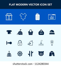 Modern, simple vector icon set with sign, snow, animal, estate, fashion, door, protection, key, home, architecture, ice, model, open, property, analytics, travel, clothes, business, igloo, pork icons