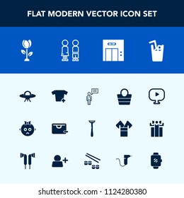 Modern, simple vector icon set with happy, juice, drink, technology, kid, baby, person, media, cute, alien, child, spring, spaceship, video, office, object, shirt, , sad, people, cold, razor icons