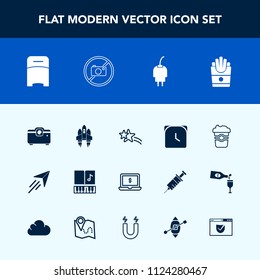 Modern, simple vector icon set with plane, snack, note, rocket, travel, space, time, charger, holiday, drink, projector, cup, bed, fly, craft, musical, spaceship, energy, screen, french, fast icons
