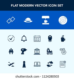 Modern, simple vector icon set with contract, technology, timetable, house, business, hyperlink, bell, fish, car, real, spaceship, machine, drink, banking, space, time, wheel, cup, calendar, web icons
