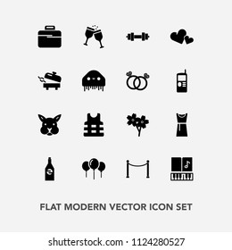Modern, simple vector icon set with music, spring, wine, gym, beverage, fitness, rabbit, decoration, flower, business, musical, romance, birthday, alcohol, love, red, bag, heart, heater, white icons