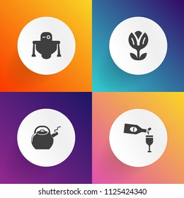 Modern, simple vector icon set on gradient backgrounds with winery, teapot, appliance, mechanical, merlot, glass, liquid, hot, electric, flower, pink, futuristic, kitchen, blossom, pour, bottle icons