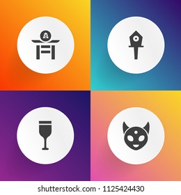 Modern, simple vector icon set on gradient backgrounds with taiko, bottle, box, music, wineglass, drum, extraterrestrial, bird, red, celebration, house, spring, creature, futuristic, art, merlot icons