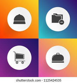 Modern, simple vector icon set on gradient backgrounds with black, trolley, cap, dish, restaurant, basket, paper, commerce, worker, open, cart, storage, retail, sign, head, store, service, menu icons