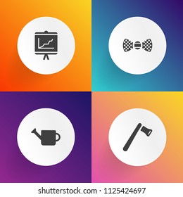 Modern, simple vector icon set on gradient backgrounds with gardening, tool, hammer, report, saw, men, container, elegance, screwdriver, suit, background, equipment, building, garden, pliers icons