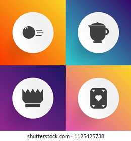 Modern, simple vector icon set on gradient backgrounds with recreation, beverage, tea, cup, gamble, crown, leisure, pot, sport, luxury, play, ball, king, collection, pin, bowl, strike, royalty icons