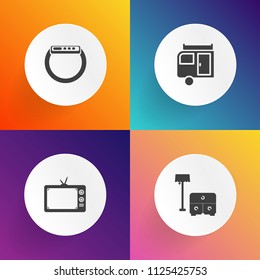 Modern, simple vector icon set on gradient backgrounds with summer, tv, home, chair, touch, mobile, clock, gadget, interior, smart, room, internet, trailer, holiday, display, wardrobe, camper icons