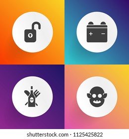 Modern, simple vector icon set on gradient backgrounds with key, energy, beverage, drink, wine, sign, web, spaceship, protection, fiction, security, science, restaurant, winery, battery, ufo icons
