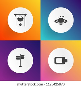 Modern, simple vector icon set on gradient backgrounds with evening, planet, global, camp, campfire, point, bonfire night, night, tourism, flame, fire, landscape, smoke, black, power, road, sign icons