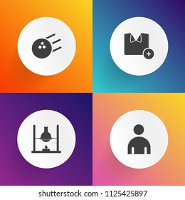 Modern, simple vector icon set on gradient backgrounds with t-shirt, chemistry, science, model, people, young, biology, casual, leisure, medicine, fun, pin, competition, research, experiment icons