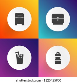 Modern, simple vector icon set on gradient backgrounds with apartment, document, interior, bottle, refreshment, fresh, alcohol, business, furniture, healthy, storage, plastic, comfortable, soda icons