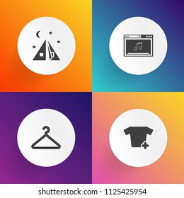 Modern, simple vector icon set on gradient backgrounds with online, clothes, summer, green, camp, outdoor, music, travel, adventure, polo, coat, clothing, media, tee, sign, apparel, wardrobe icons