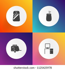 Modern, simple vector icon set on gradient backgrounds with musical, sound, pepper, railway, desk, acoustic, cuisine, spice, kitchen, food, restaurant, cooking, work, travel, percussion, bus icons