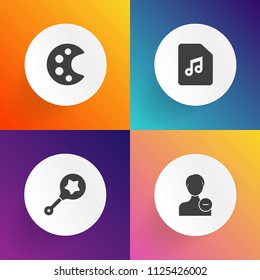 Modern, simple vector icon set on gradient backgrounds with shake, infant, newborn, pictogram, paint, color, art, musical, oil, childhood, melody, web, music, note, play, human, user, sound, key icons