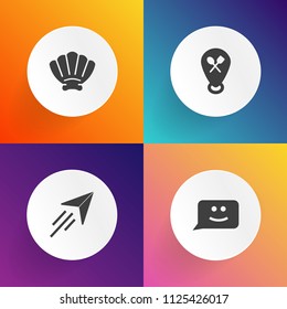 Modern, simple vector icon set on gradient backgrounds with airplane, flight, seashell, cartoon, transport, white, nature, plane, marine, origami, sea, navigation, toy, circle, face, pointer icons