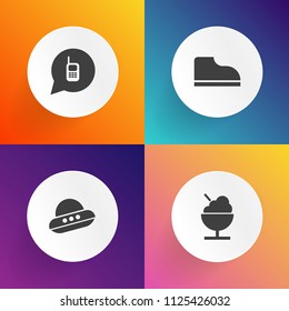 Modern, simple vector icon set on gradient backgrounds with technology, mobile, food, object, icecream, shoe, white, saucer, footwear, summer, science, ice, cone, spaceship, dessert, vehicle icons