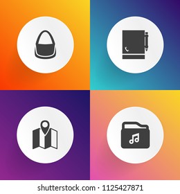 Modern, simple vector icon set on gradient backgrounds with travel, handbag, female, video, photo, page, web, text, sound, internet, bag, book, purse, mp3, format, document, notepad, music, file icons