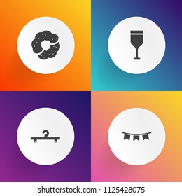 Modern, simple vector icon set on gradient backgrounds with food, background, coat, cake, red, dessert, clothes, hanger, alcohol, hook, cookie, object, sweet, bottle, clothing, shop, wineglass icons