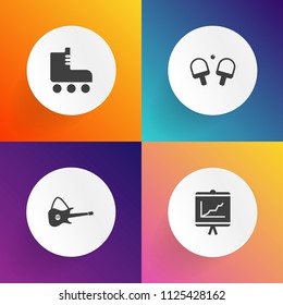 Modern, simple vector icon set on gradient backgrounds with boot, diagram, leisure, report, black, sound, equipment, data, jazz, musical, corporate, annual, pong, vintage, music, ball, document icons