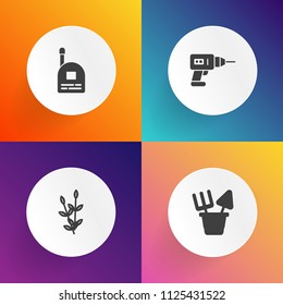 Modern, simple vector icon set on gradient backgrounds with grain, cute, machine, shovel, talkie, electric, beach, farm, wheat, plastic, drill, bread, yellow, vacation, work, construction, crop icons
