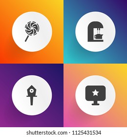 Modern, simple vector icon set on gradient backgrounds with decoration, cup, striped, colorful, web, favorite, beverage, lolly, spring, birdhouse, computer, stick, tree, element, nest, sweet icons
