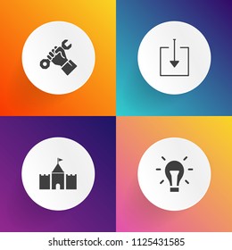 Modern, simple vector icon set on gradient backgrounds with foreman, tower, occupation, lamp, worker, electricity, job, sign, bulb, download, person, light, helmet, electric, computer, graphic icons