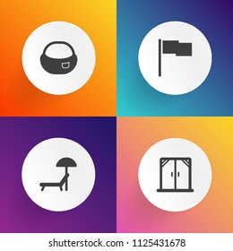 Modern, simple vector icon set on gradient backgrounds with relaxation, umbrella, flag, chair, white, summer, sea, collection, beach, children, resort, frame, light, new, relax, travel, back icons