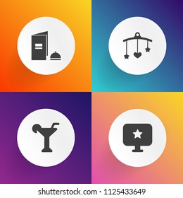 Modern, simple vector icon set on gradient backgrounds with newborn, crib, birthday, bedtime, computer, liquor, page, childhood, shape, bed, abstract, alcohol, brochure, drink, modern, cocktail icons