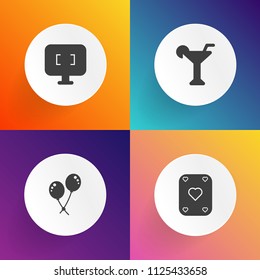 Modern, simple vector icon set on gradient backgrounds with celebration, balloon, game, web, modern, celebrate, alcohol, screen, drink, bar, holiday, play, display, beverage, card, happy, helium icons