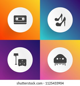 Modern, simple vector icon set on gradient backgrounds with music, heel, background, high, house, furniture, interior, fantasy, woman, humanoid, sound, character, bed, creature, fiction, modern icons